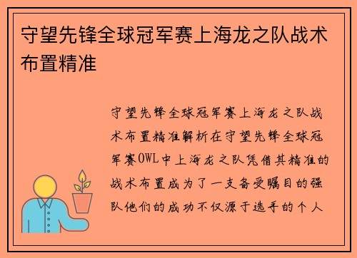 守望先锋全球冠军赛上海龙之队战术布置精准